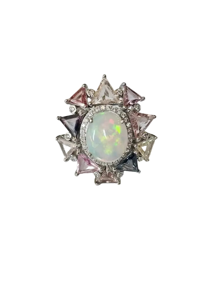 18k White Gold Diamond Cocktail Ring - Natural Ethiopian Opal & Multi Sapphire Ring