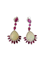 18k White Gold Diamond Earrings - Natural Ethiopian Opal & Mozambique Ruby Dangle Earrings