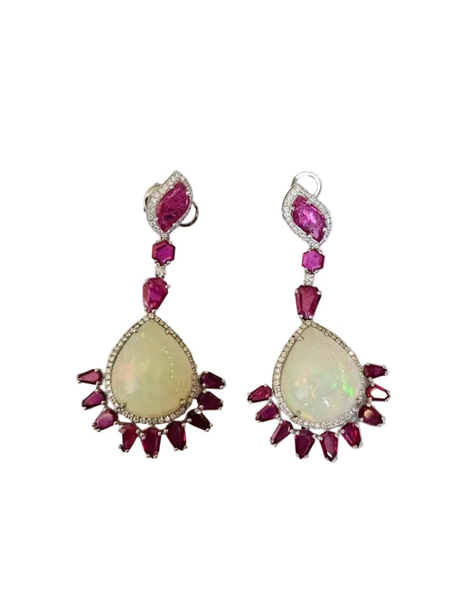18k White Gold Diamond Earrings - Natural Ethiopian Opal & Mozambique Ruby Dangle Earrings