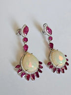 18k White Gold Diamond Earrings - Natural Ethiopian Opal & Mozambique Ruby Dangle Earrings