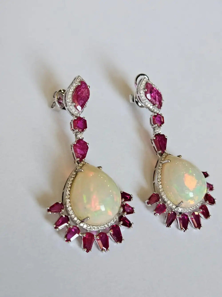 18k White Gold Diamond Earrings - Natural Ethiopian Opal & Mozambique Ruby Dangle Earrings