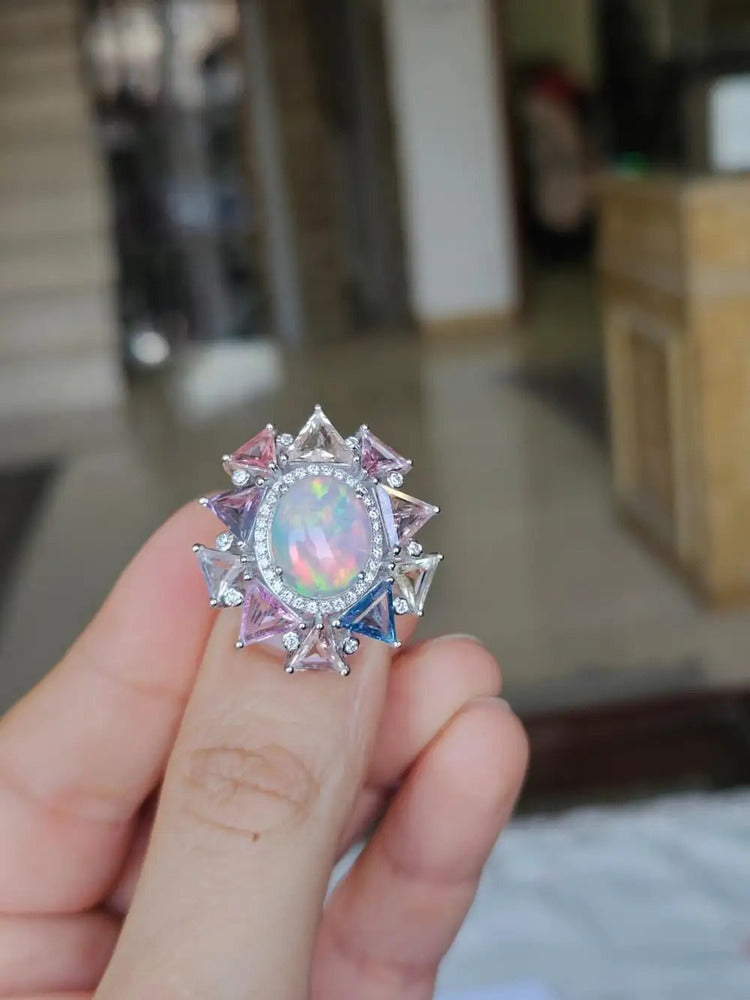 18k White Gold Diamond Cocktail Ring - Natural Ethiopian Opal & Multi Sapphire Ring