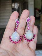 18k White Gold Diamond Earrings - Natural Ethiopian Opal & Mozambique Ruby Dangle Earrings