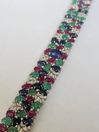 Natural Blue Sapphire, Ruby & Emerald Handmade Bracelet - 18k White Gold Diamond Bracelet