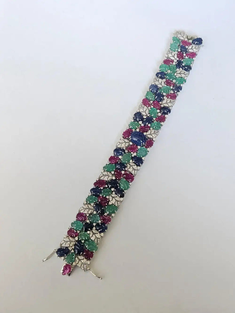 Natural Blue Sapphire, Ruby & Emerald Handmade Bracelet - 18k White Gold Diamond Bracelet