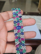 Natural Blue Sapphire, Ruby & Emerald Handmade Bracelet - 18k White Gold Diamond Bracelet