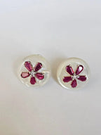 18k White Gold Diamond Stud Earrings - Natural Mozambique Ruby & Mother Of Pearl Stud Earrings