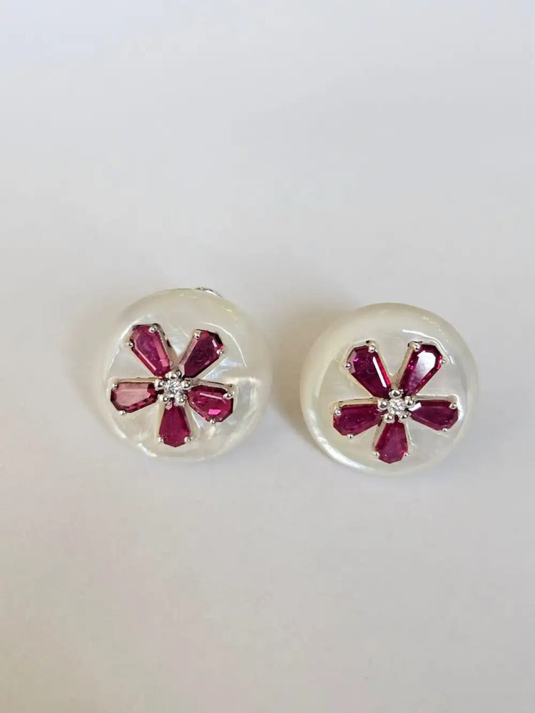 18k White Gold Diamond Stud Earrings - Natural Mozambique Ruby & Mother Of Pearl Stud Earrings
