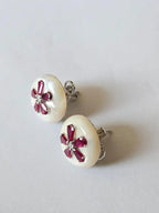18k White Gold Diamond Stud Earrings - Natural Mozambique Ruby & Mother Of Pearl Stud Earrings
