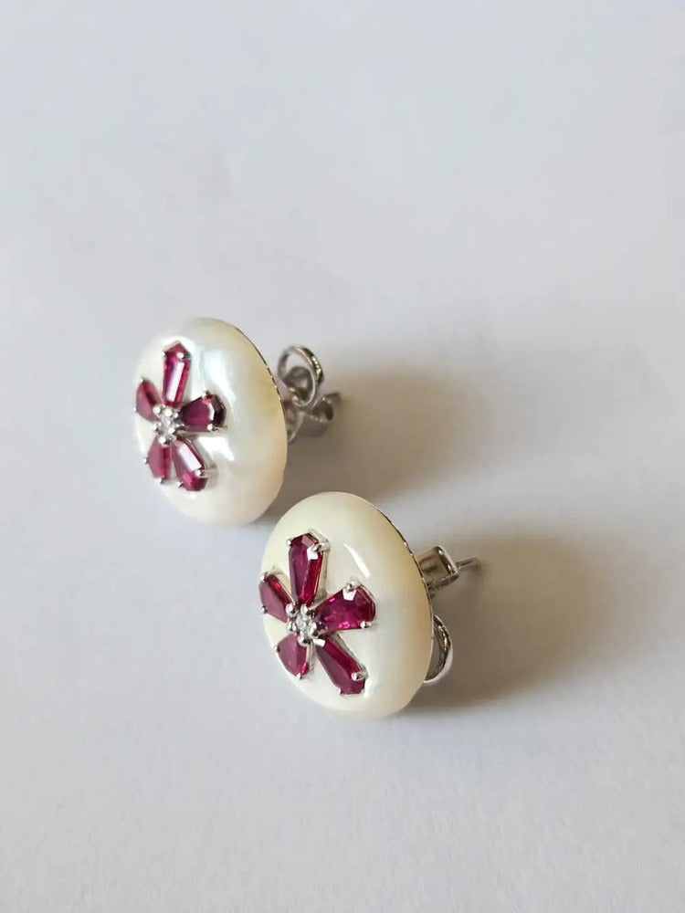 18k White Gold Diamond Stud Earrings - Natural Mozambique Ruby & Mother Of Pearl Stud Earrings