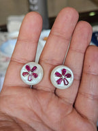 18k White Gold Diamond Stud Earrings - Natural Mozambique Ruby & Mother Of Pearl Stud Earrings