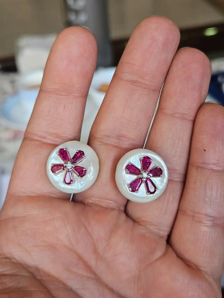 18k White Gold Diamond Stud Earrings - Natural Mozambique Ruby & Mother Of Pearl Stud Earrings