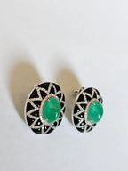 18k White Gold Diamond Stud Earrings - Natural Colombian Emerald & Black Onyx Stud Earrings