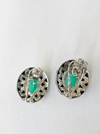 18k White Gold Diamond Stud Earrings - Natural Colombian Emerald & Black Onyx Stud Earrings