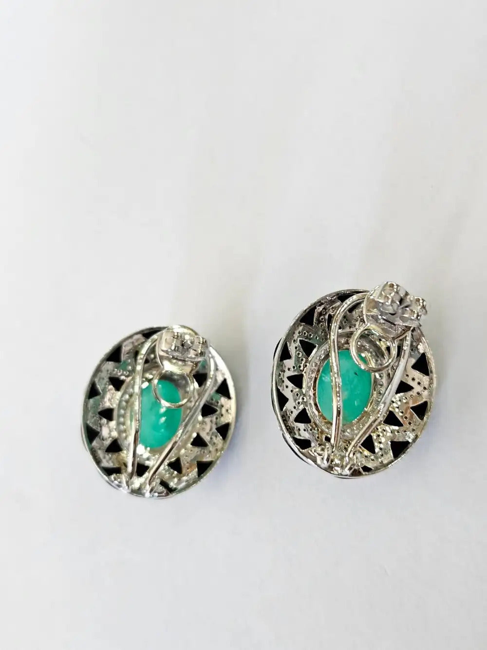 18k White Gold Diamond Stud Earrings - Natural Colombian Emerald & Black Onyx Stud Earrings