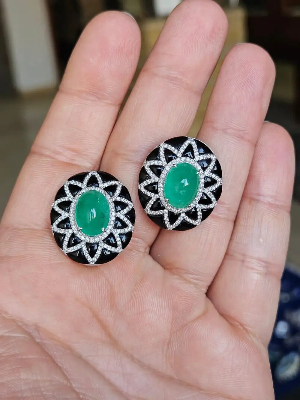 18k White Gold Diamond Stud Earrings - Natural Colombian Emerald & Black Onyx Stud Earrings