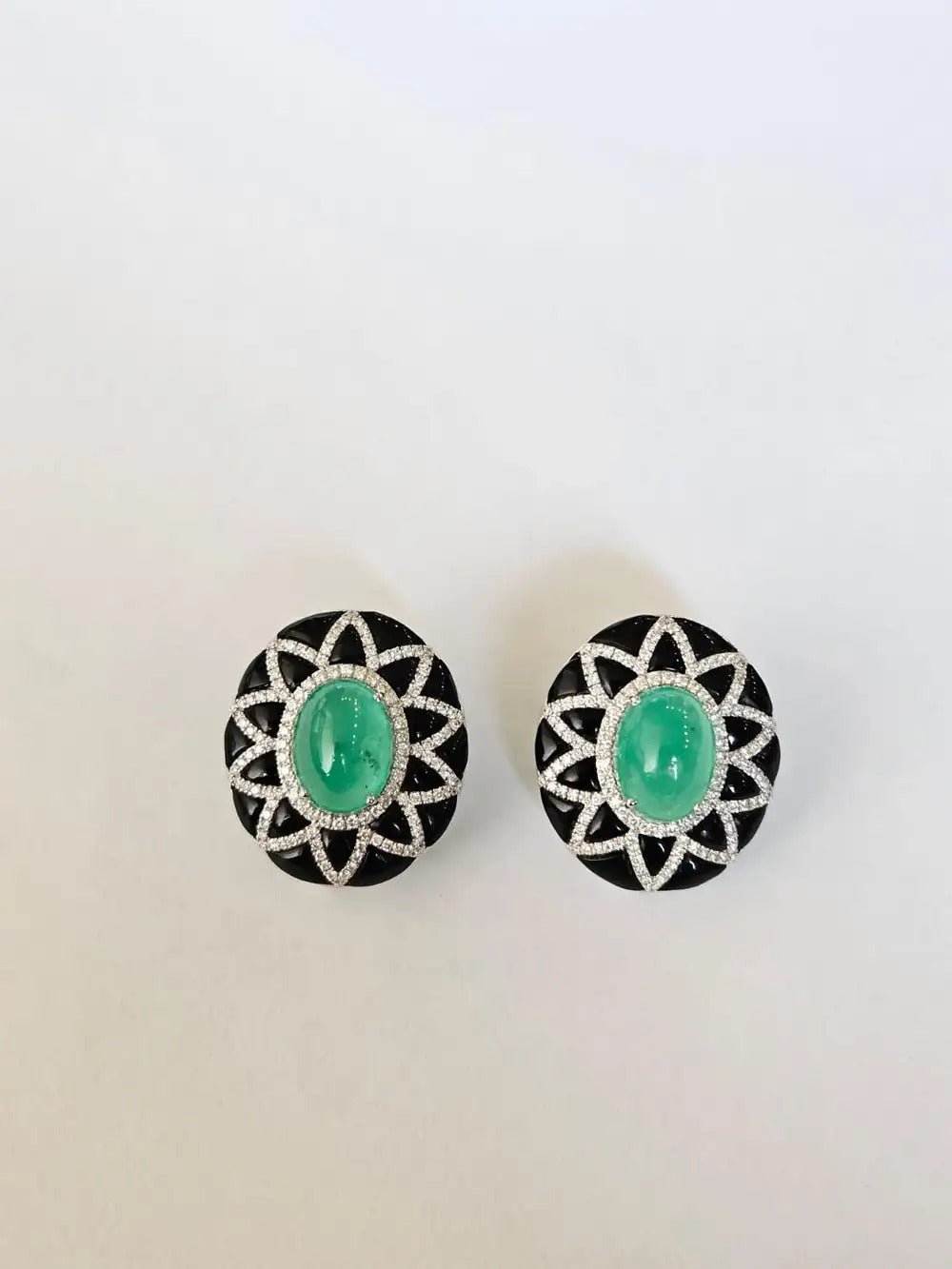 18k White Gold Diamond Stud Earrings - Natural Colombian Emerald & Black Onyx Stud Earrings