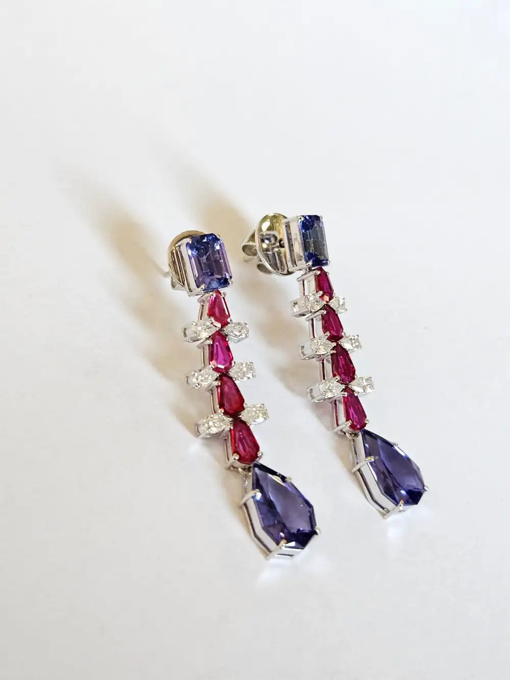 Mozambique Ruby & Tanzanite Dangle Earrings - 18k White Gold Diamond Handmade Earrings