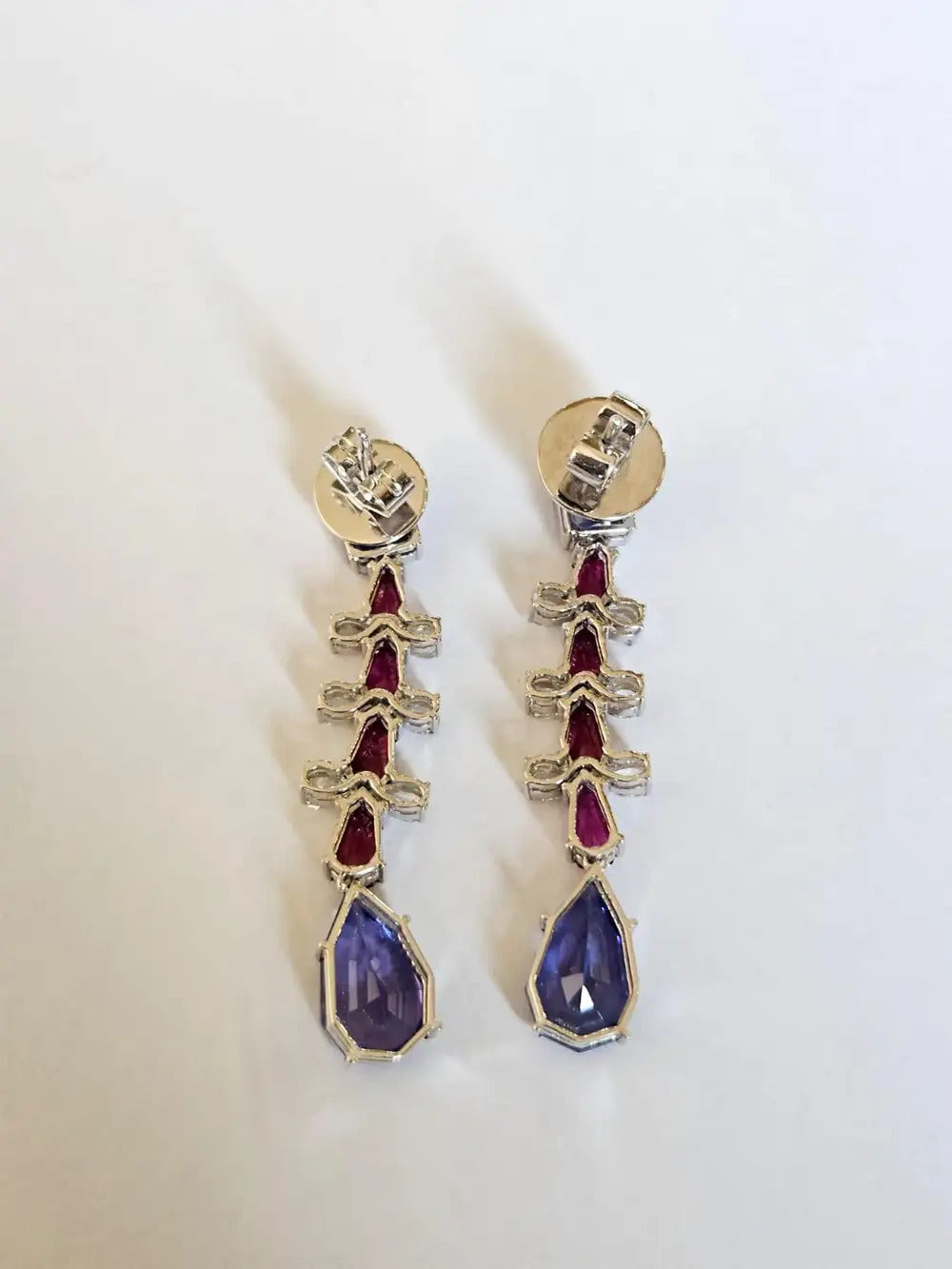 Mozambique Ruby & Tanzanite Dangle Earrings - 18k White Gold Diamond Handmade Earrings