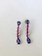 Mozambique Ruby & Tanzanite Dangle Earrings - 18k White Gold Diamond Handmade Earrings