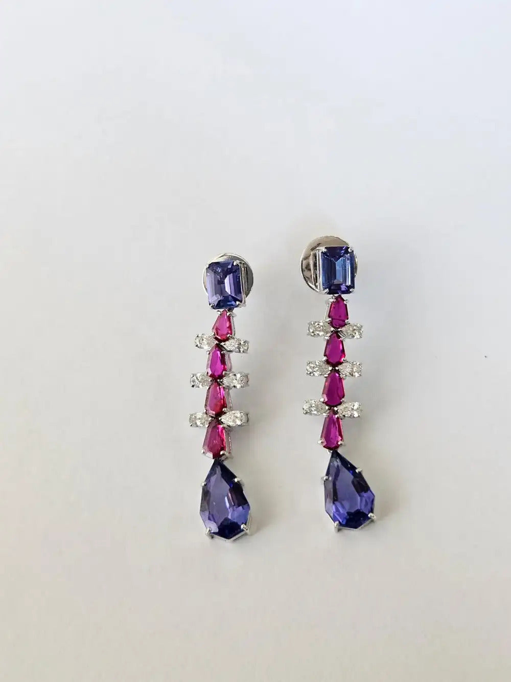Mozambique Ruby & Tanzanite Dangle Earrings - 18k White Gold Diamond Handmade Earrings