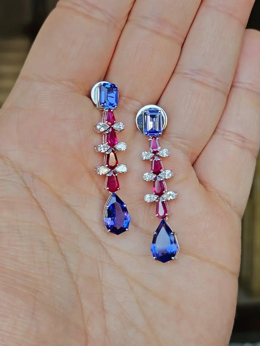 Mozambique Ruby & Tanzanite Dangle Earrings - 18k White Gold Diamond Handmade Earrings
