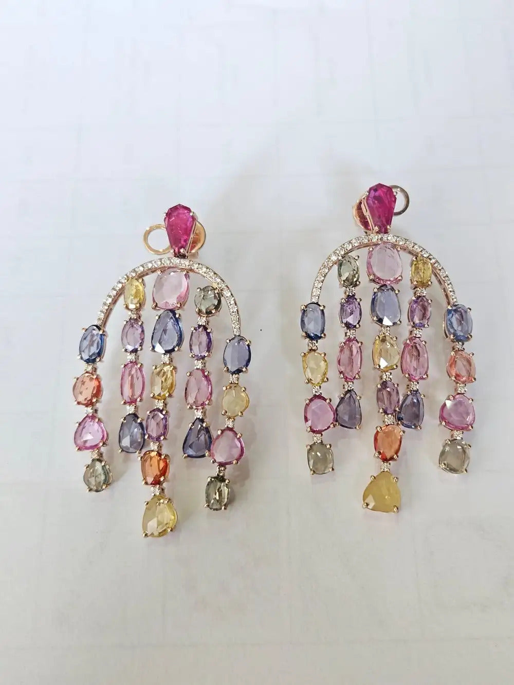Natural Multi Sapphire & Mozambique Ruby Dangle Earrings - 18k Rose Gold Diamond Earrings