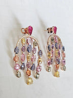 Natural Multi Sapphire & Mozambique Ruby Dangle Earrings - 18k Rose Gold Diamond Earrings