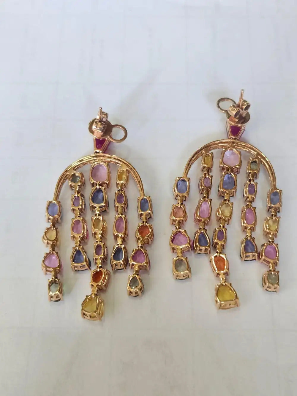 Natural Multi Sapphire & Mozambique Ruby Dangle Earrings - 18k Rose Gold Diamond Earrings