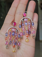Natural Multi Sapphire & Mozambique Ruby Dangle Earrings - 18k Rose Gold Diamond Earrings