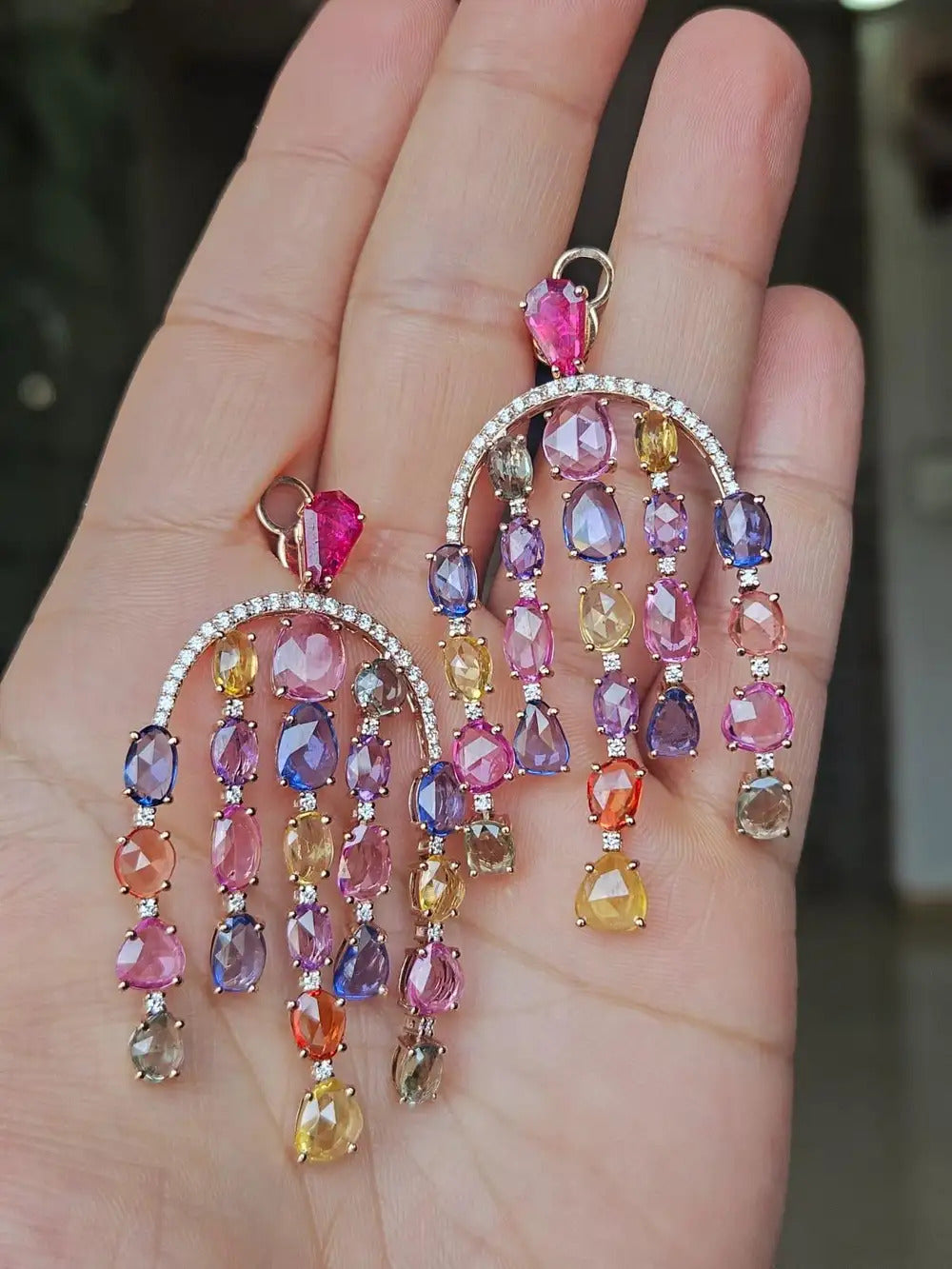 Natural Multi Sapphire & Mozambique Ruby Dangle Earrings - 18k Rose Gold Diamond Earrings
