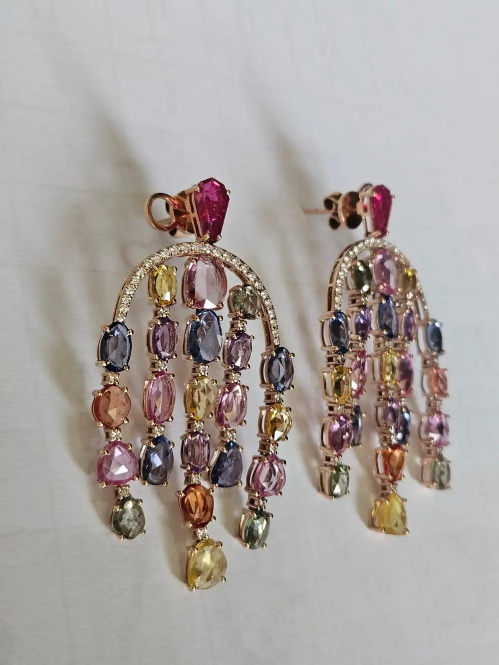 Natural Multi Sapphire & Mozambique Ruby Dangle Earrings - 18k Rose Gold Diamond Earrings