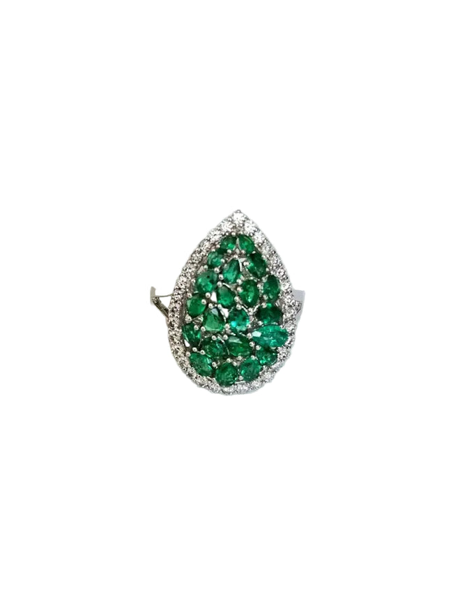 18k White Gold Diamond Ring - Natural Zambian Emerald Cocktail Ring Hover Image