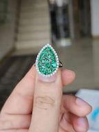 18k White Gold Diamond Ring - Natural Zambian Emerald Cocktail Ring