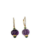 Natural Amethyst & Emerald Dangle Earrings - 18k Yellow Gold Diamond Earrings