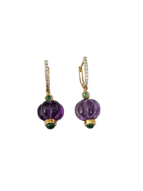 Natural Amethyst & Emerald Dangle Earrings - 18k Yellow Gold Diamond Earrings