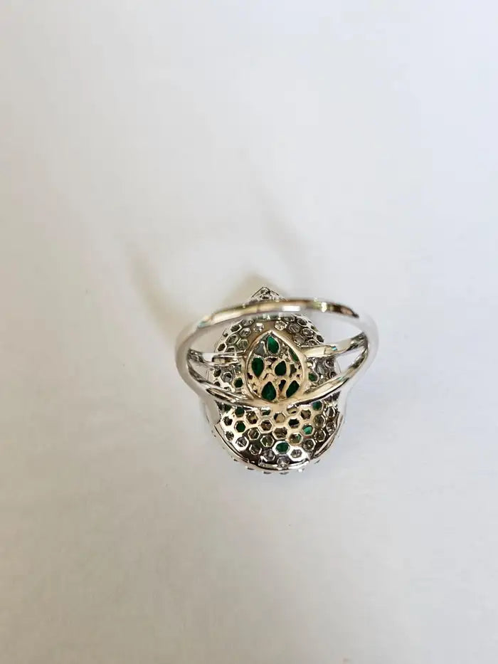 18k White Gold Diamond Ring - Natural Zambian Emerald Cocktail Ring