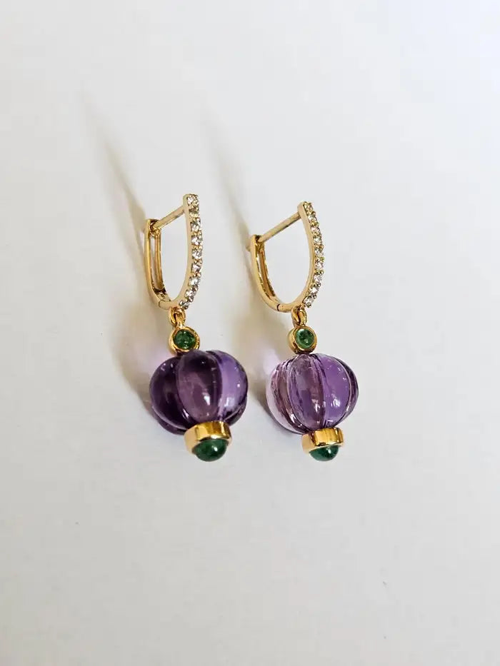Natural Amethyst & Emerald Dangle Earrings - 18k Yellow Gold Diamond Earrings