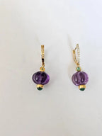 Natural Amethyst & Emerald Dangle Earrings - 18k Yellow Gold Diamond Earrings