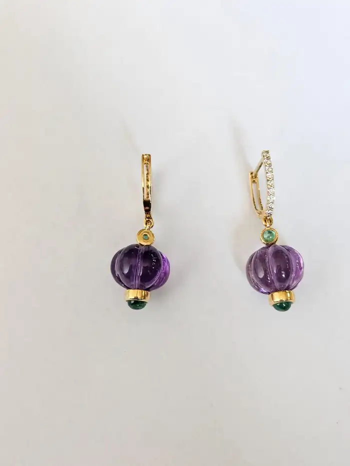 Natural Amethyst & Emerald Dangle Earrings - 18k Yellow Gold Diamond Earrings