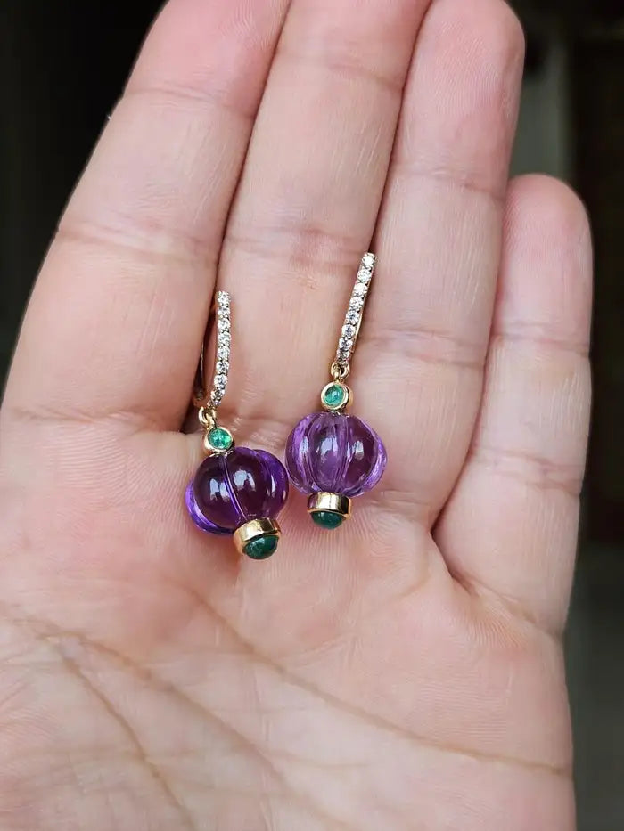 Natural Amethyst & Emerald Dangle Earrings - 18k Yellow Gold Diamond Earrings