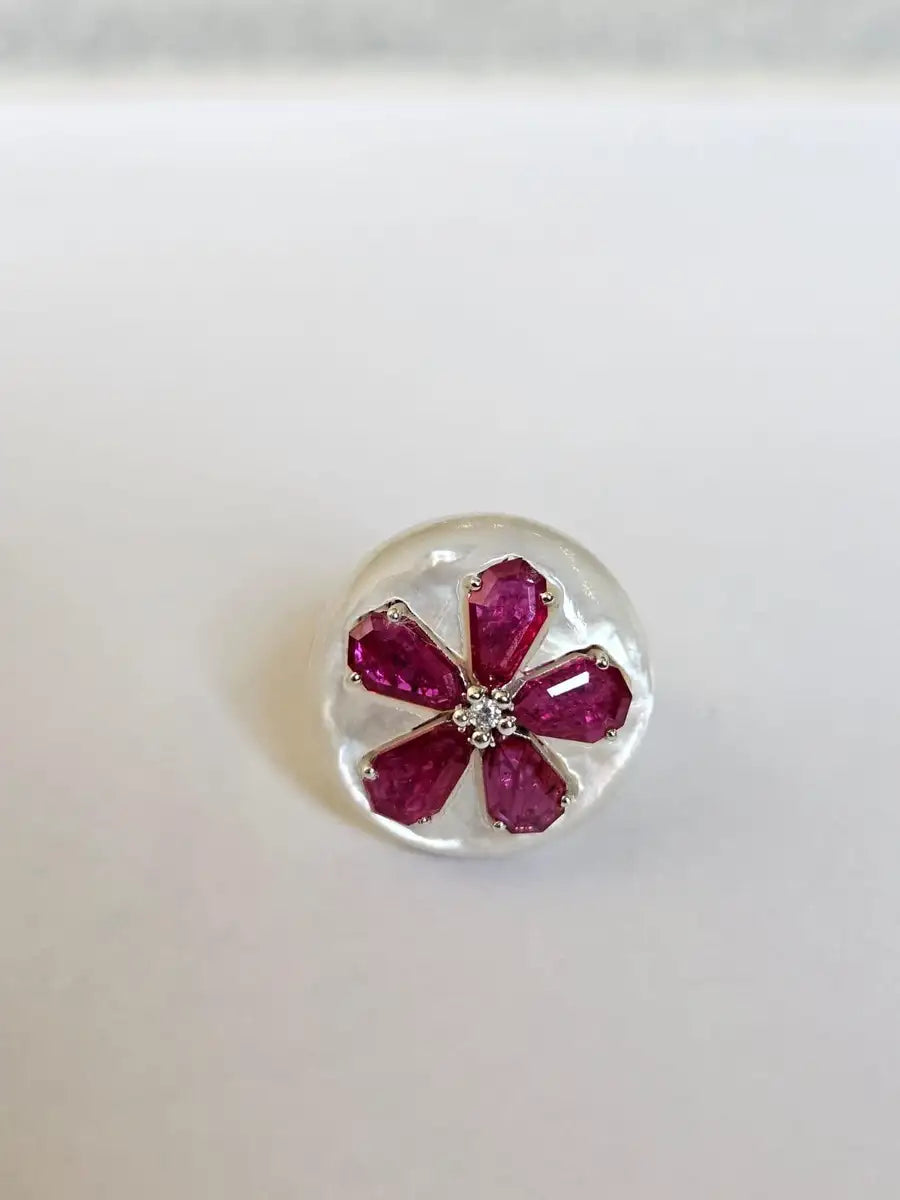 18k White Gold Diamond Ring - Natural Mozambique Ruby & Mother of Pearl Cocktail Ring