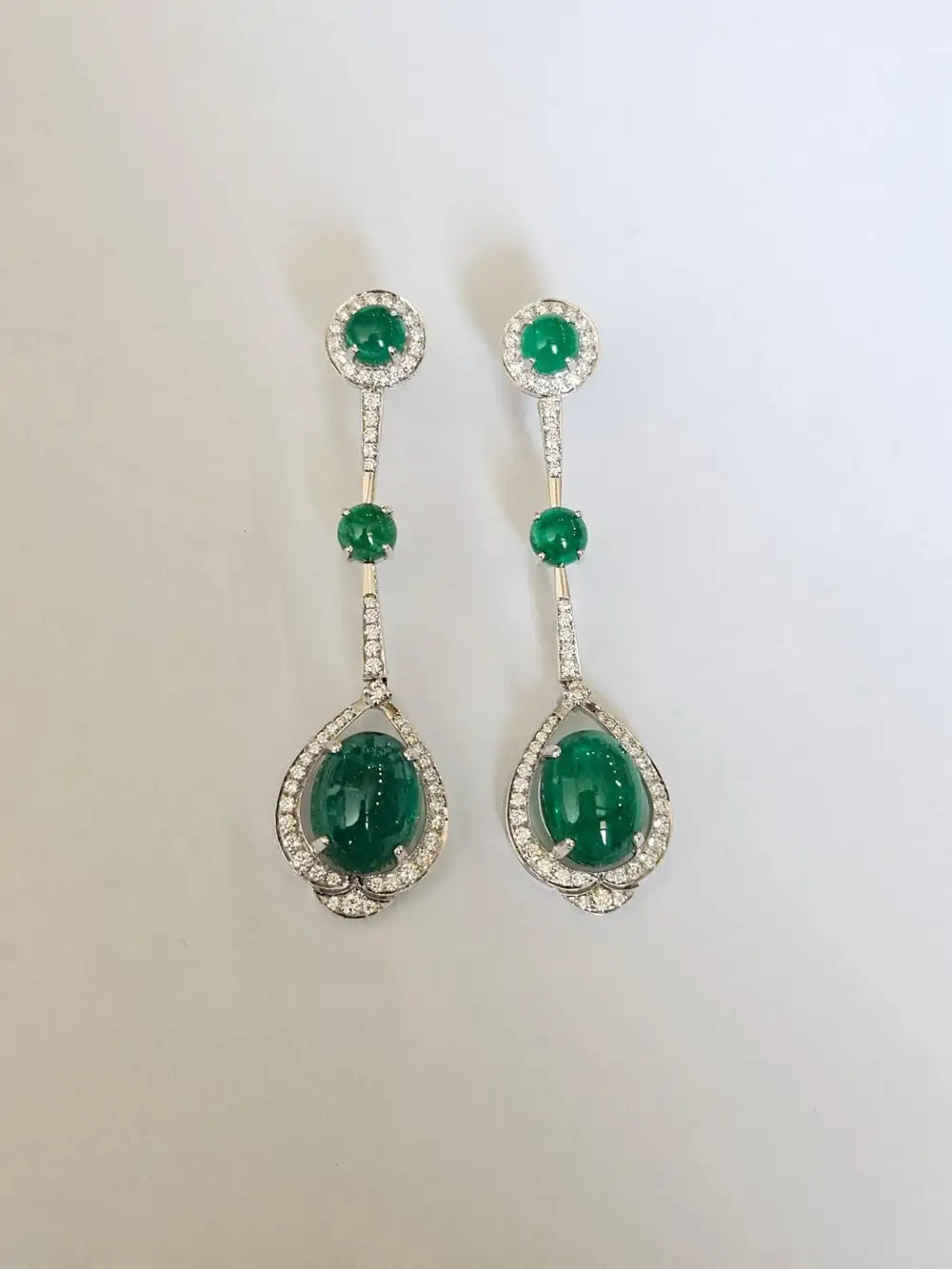 18k White Gold Diamond Dangle Earrings - Natural Emerald Gemstone Chandelier Earrings