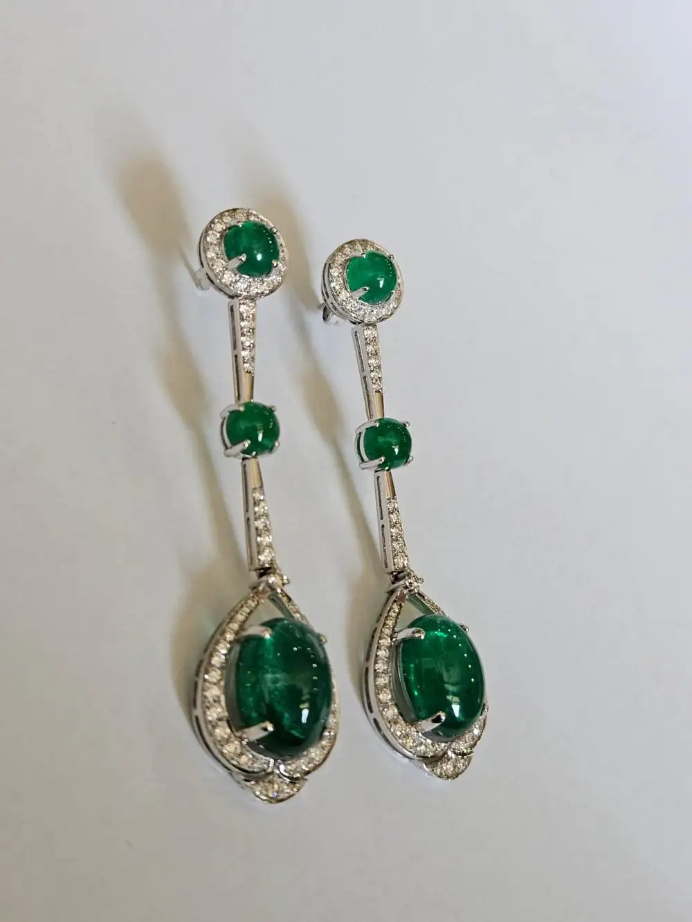 18k White Gold Diamond Dangle Earrings - Natural Emerald Gemstone Chandelier Earrings