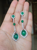 18k White Gold Diamond Dangle Earrings - Natural Emerald Gemstone Chandelier Earrings