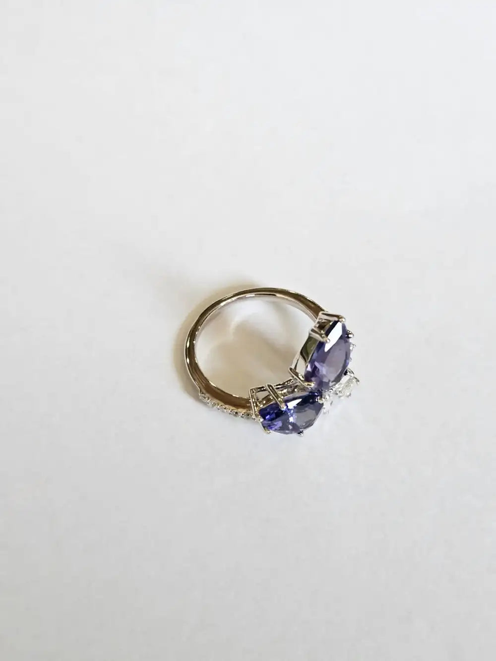 Natural Tanzanite & Rose Cut Diamond Wedding Ring - 18k White Gold Diamond Ring