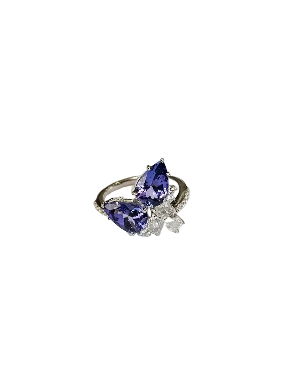 Natural Tanzanite & Rose Cut Diamond Wedding Ring - 18k White Gold Diamond Ring