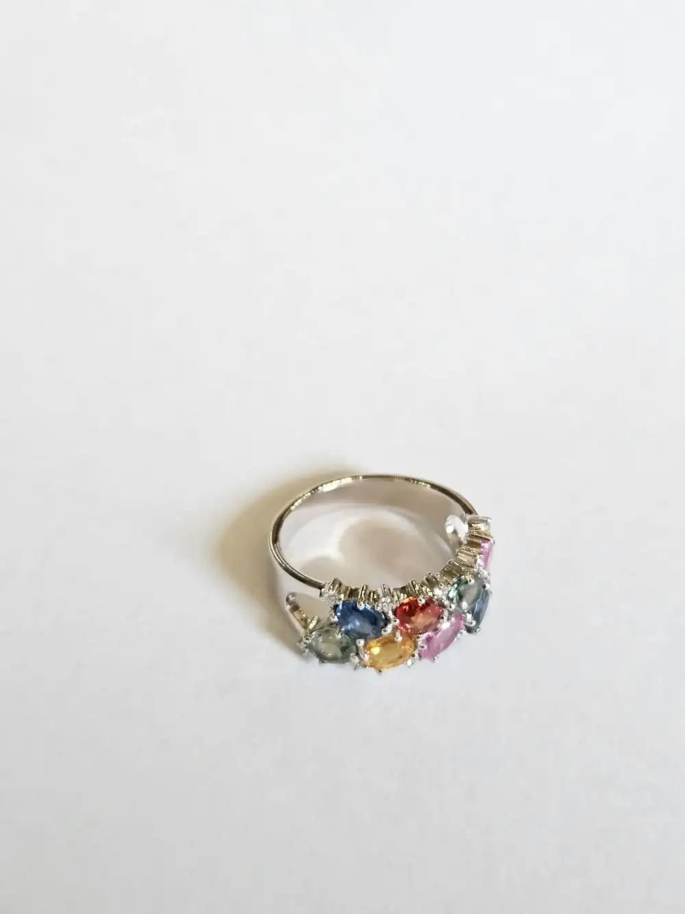 Natural Multi Sapphire & Diamond Band Ring - 18k White Gold Handmade Wedding Ring