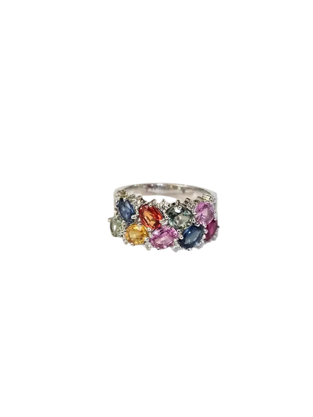 Natural Multi Sapphire & Diamond Band Ring - 18k White Gold Handmade Wedding Ring