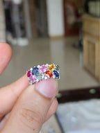 Natural Multi Sapphire & Diamond Band Ring - 18k White Gold Handmade Wedding Ring